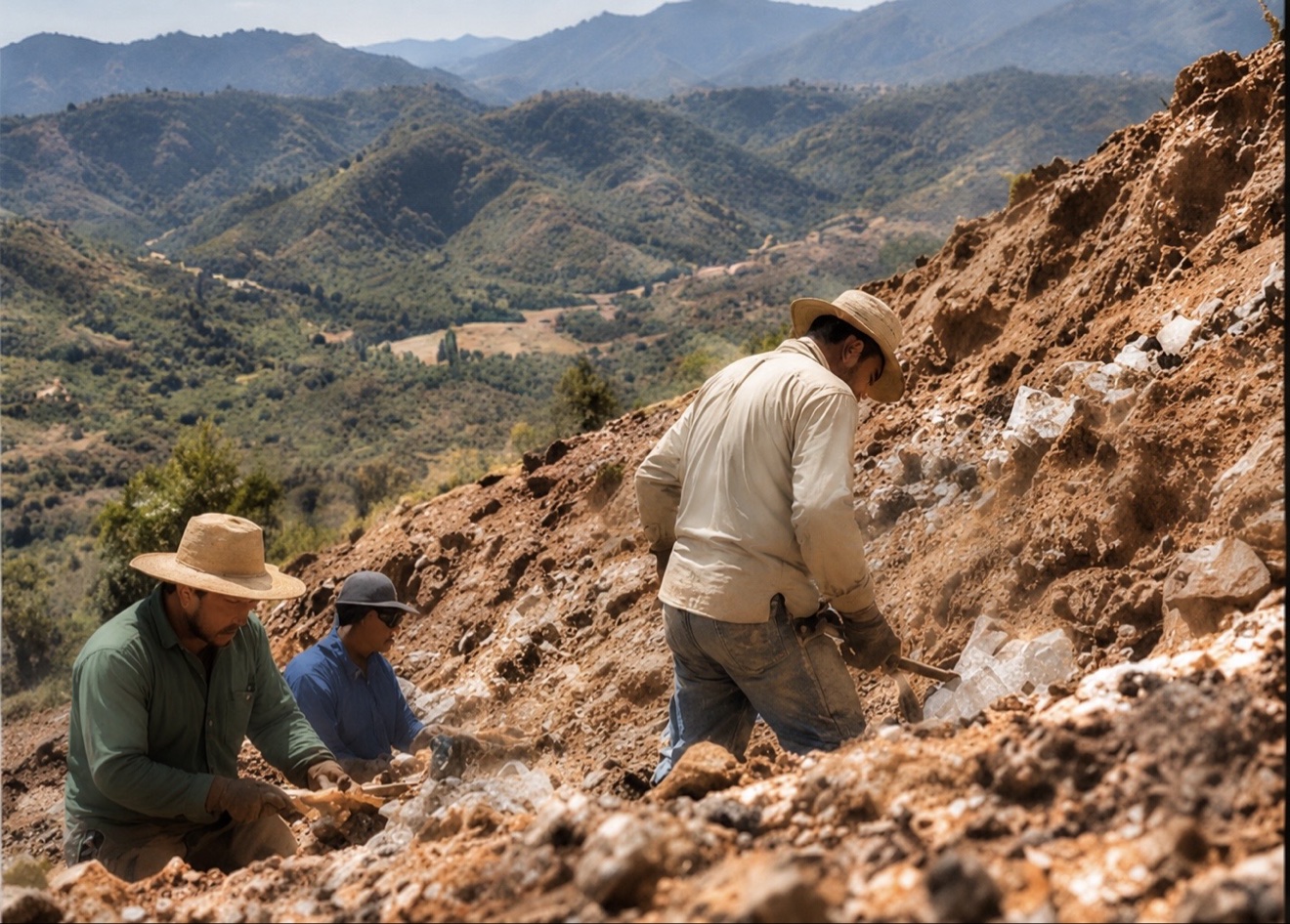 Miners working a hillside excavation with green mountain ranges behind
