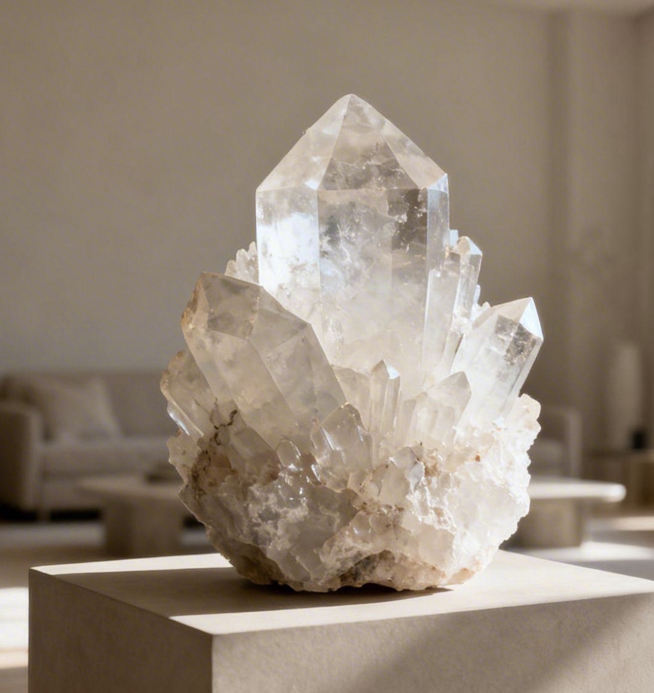 Monumental clear quartz cluster on a pale stone plinth in a sunlit architectural interior