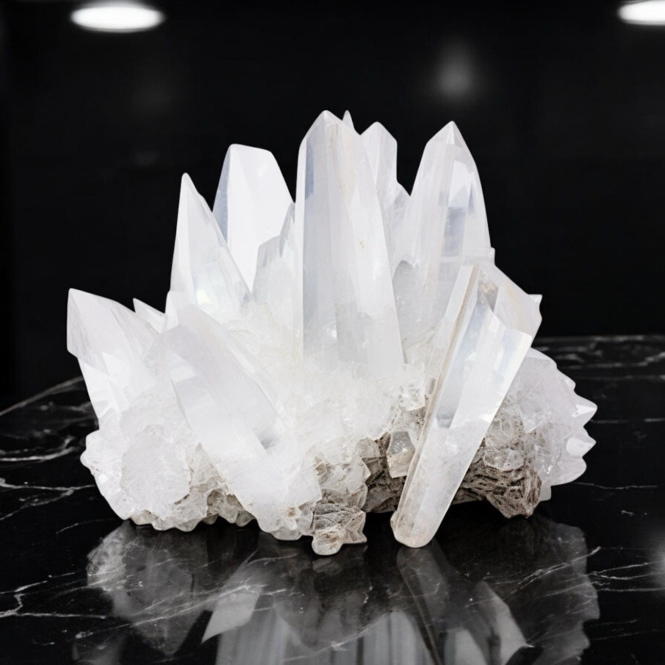 Luminous clear quartz cluster of tall points on black marble