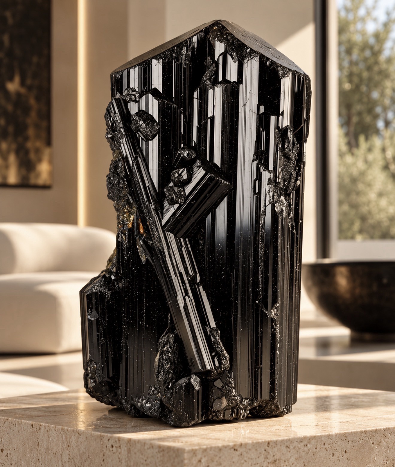 Monumental black tourmaline crystal on a travertine plinth in a sunlit interior