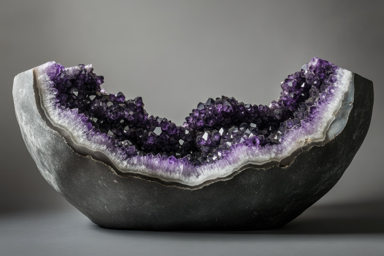 Monumental amethyst geode bowl on dark stone