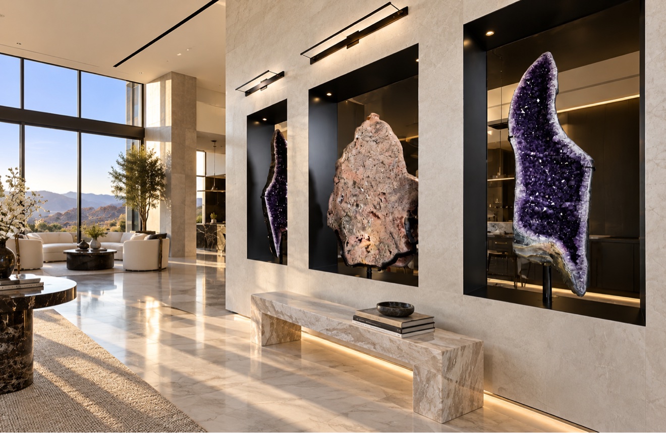 Grand gallery interior with three monumental crystal slabs in black recessed niches above a marble bench