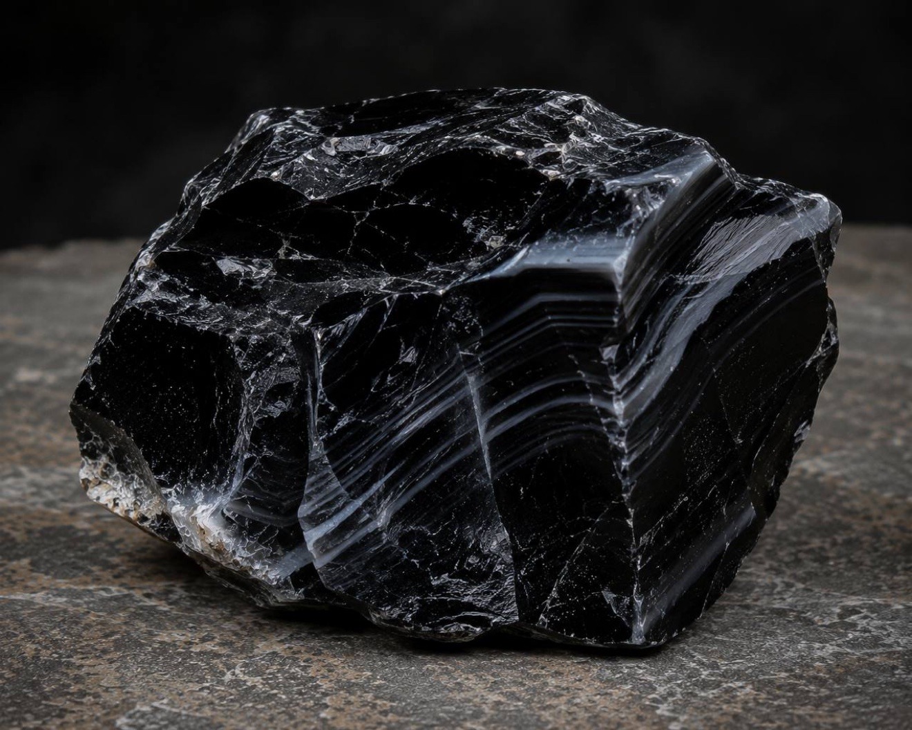 Raw black onyx boulder with fine white banding on stone