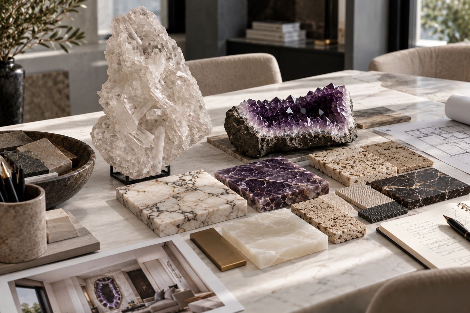 Private sourcing table with crystal and material samples