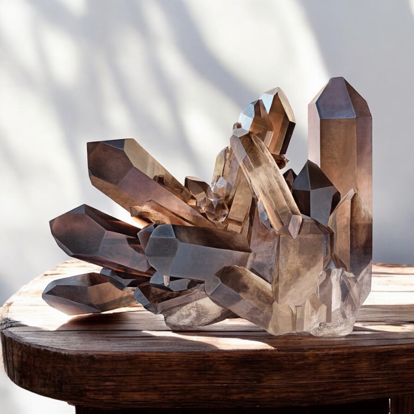 Smoky quartz cluster of translucent brown points in sunlight on dark wood
