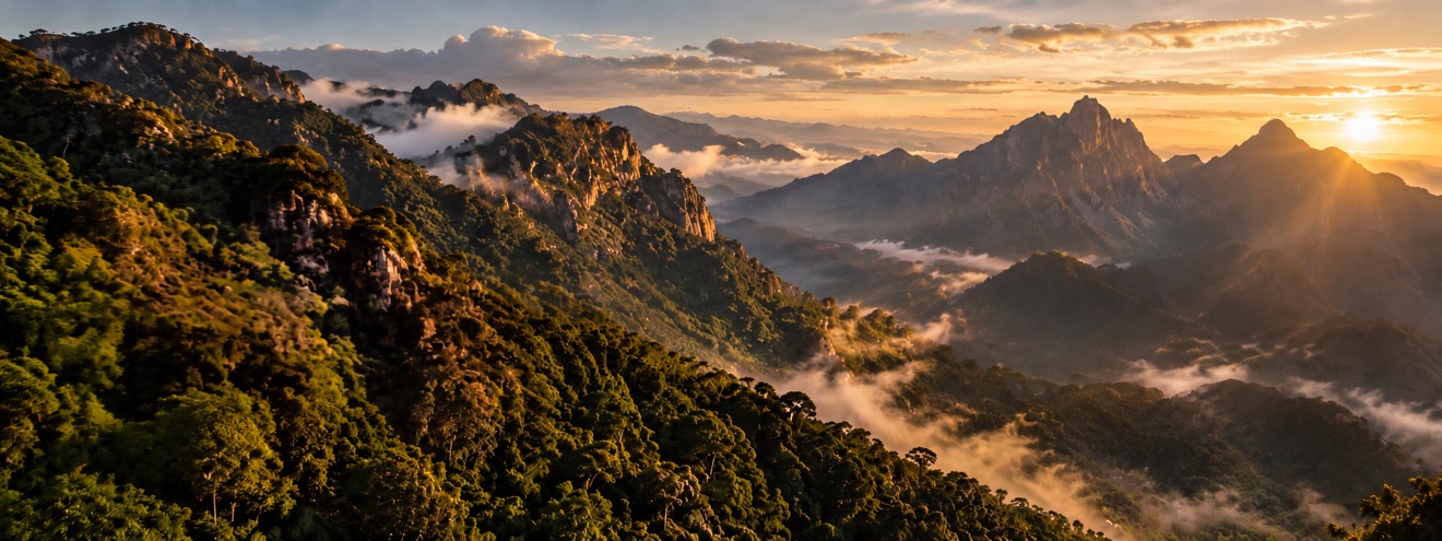 Panoramic mountain vista of layered green ranges in mist at golden hour