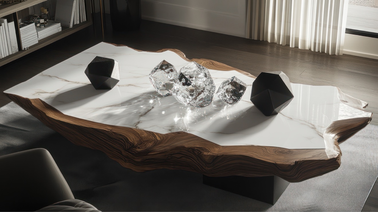 Sculptural live edge wood and white marble table with crystal objects