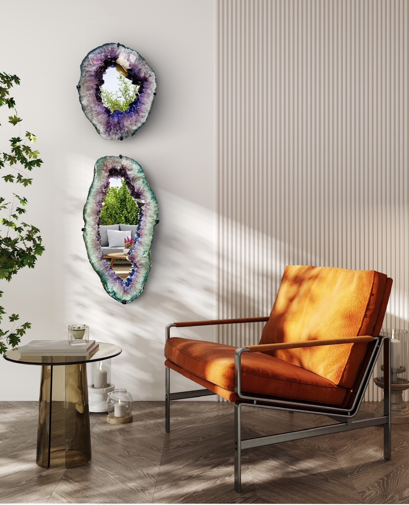 Two amethyst geode mirrors beside a burnt orange lounge chair