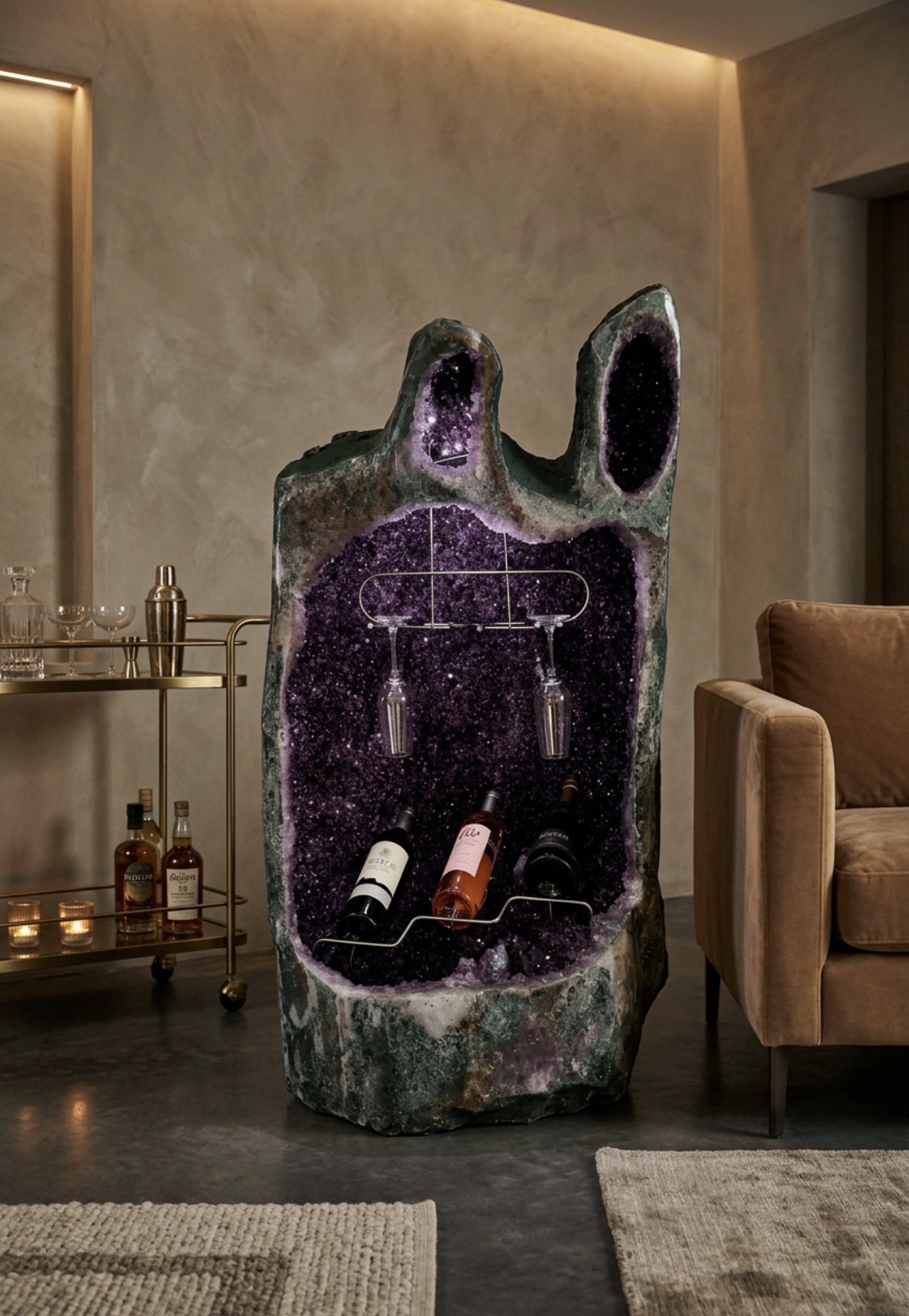 Custom amethyst geode wine display with integrated bottle and stemware holders, a brass bar cart at left and an armchair at right in a warm interior