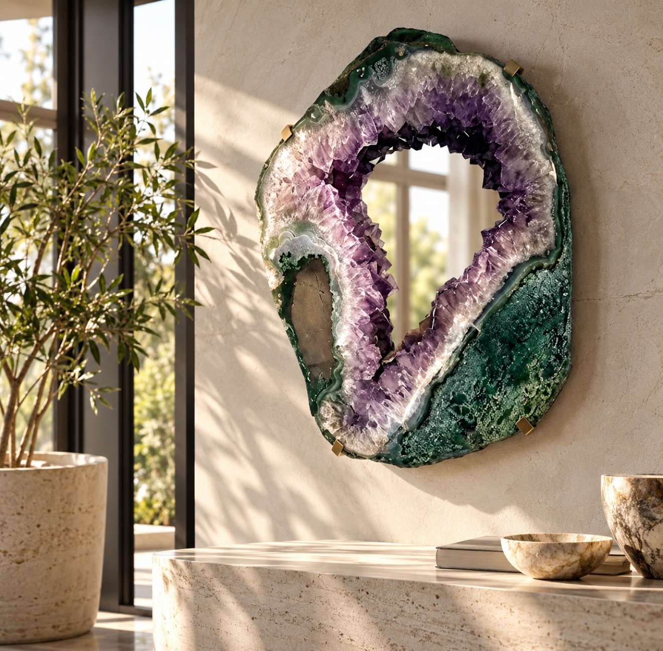 Large amethyst geode mirror with brass mounts on a travertine wall above a curved stone console