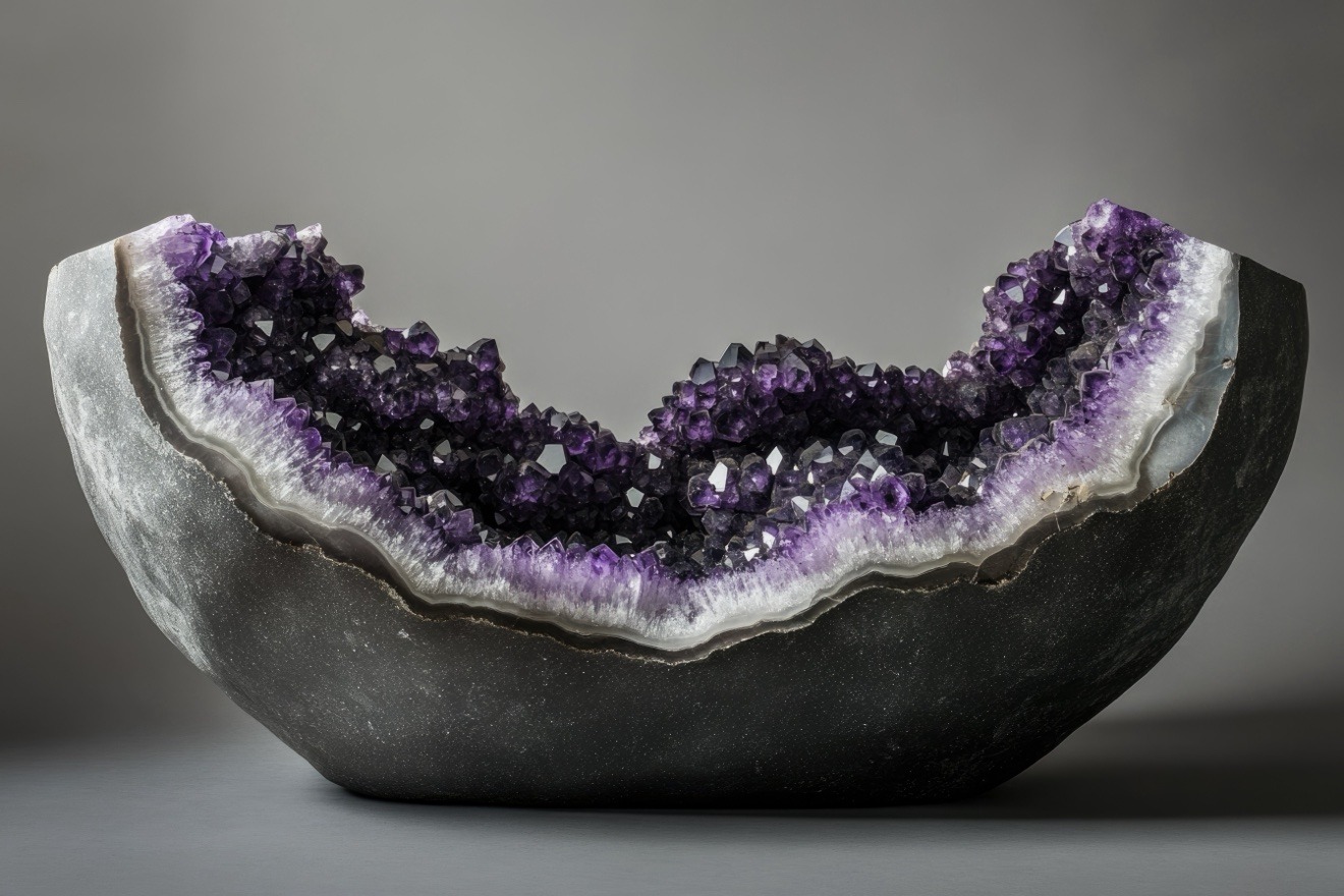Sweeping amethyst geode bowl with deep violet points in a dark shell