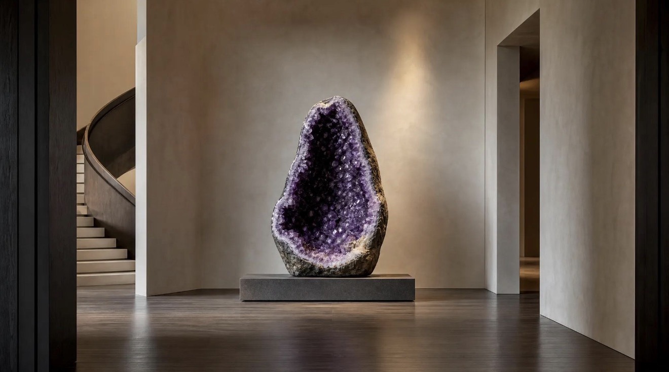 Monumental amethyst geode on a low plinth in a quiet architectural interior